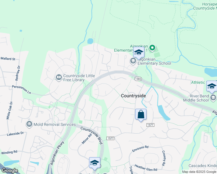map of restaurants, bars, coffee shops, grocery stores, and more near 14 Braxton Drive in Sterling