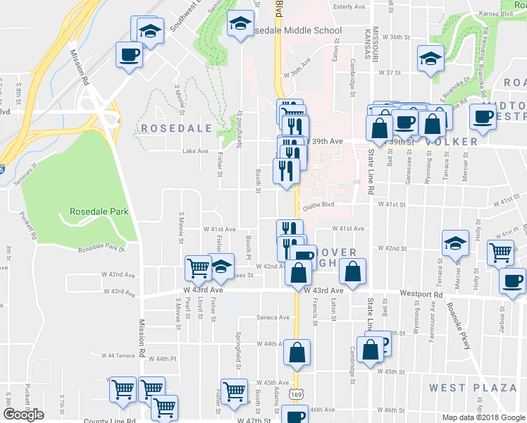 map of restaurants, bars, coffee shops, grocery stores, and more near 4017 Booth Street in Kansas City