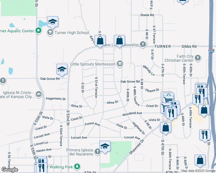 map of restaurants, bars, coffee shops, grocery stores, and more near 5030 Ottawa Street in Kansas City
