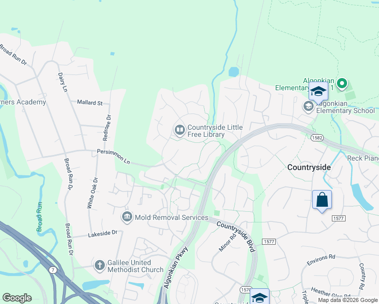 map of restaurants, bars, coffee shops, grocery stores, and more near 16 Glengyle Lane in Sterling