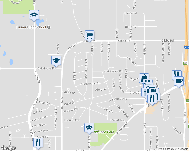 map of restaurants, bars, coffee shops, grocery stores, and more near 5030 Ottawa Street in Kansas City