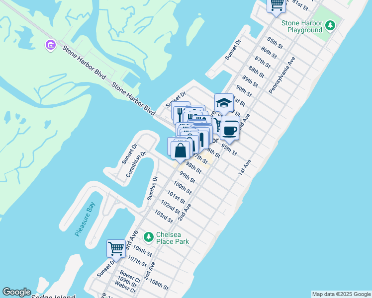 map of restaurants, bars, coffee shops, grocery stores, and more near 9629 3rd Avenue in Stone Harbor