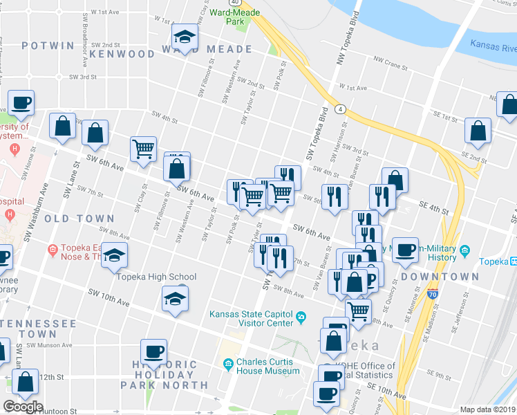 map of restaurants, bars, coffee shops, grocery stores, and more near 600 Southwest 6th Avenue in Topeka