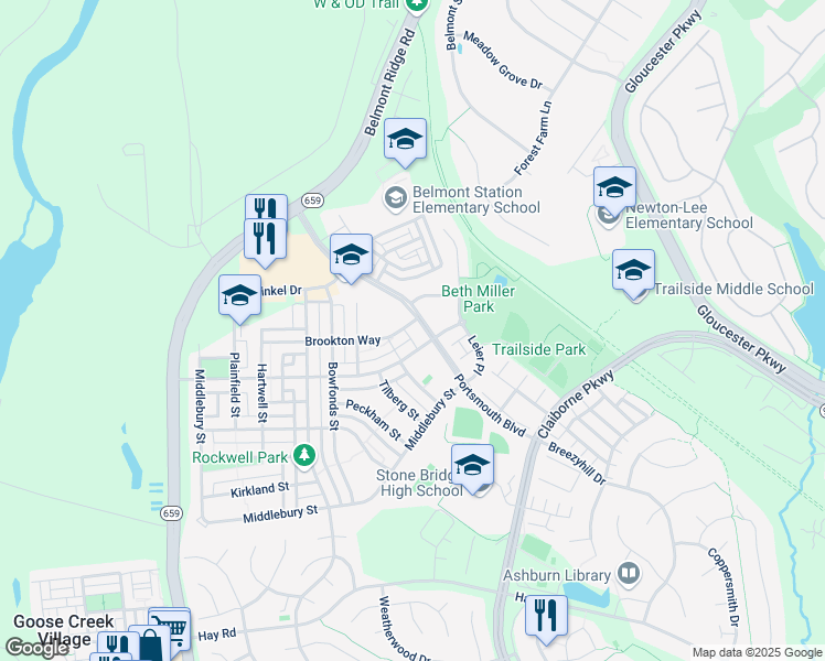 map of restaurants, bars, coffee shops, grocery stores, and more near 20319 Portsmouth Boulevard in Ashburn