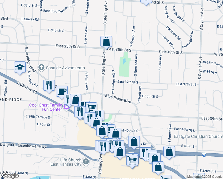 map of restaurants, bars, coffee shops, grocery stores, and more near 3708 South Claremont Avenue in Independence