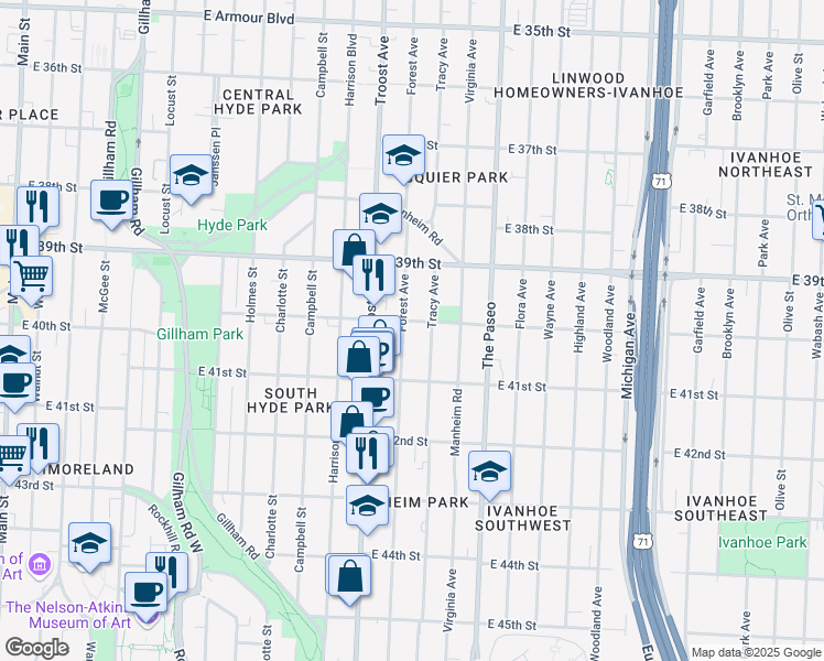 map of restaurants, bars, coffee shops, grocery stores, and more near 4005 Forest Avenue in Kansas City