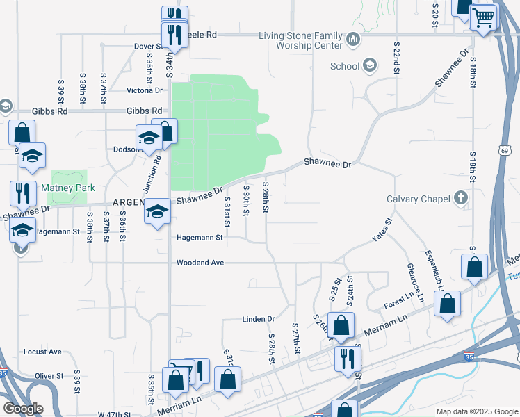 map of restaurants, bars, coffee shops, grocery stores, and more near 2626 S 28th St in Kansas City