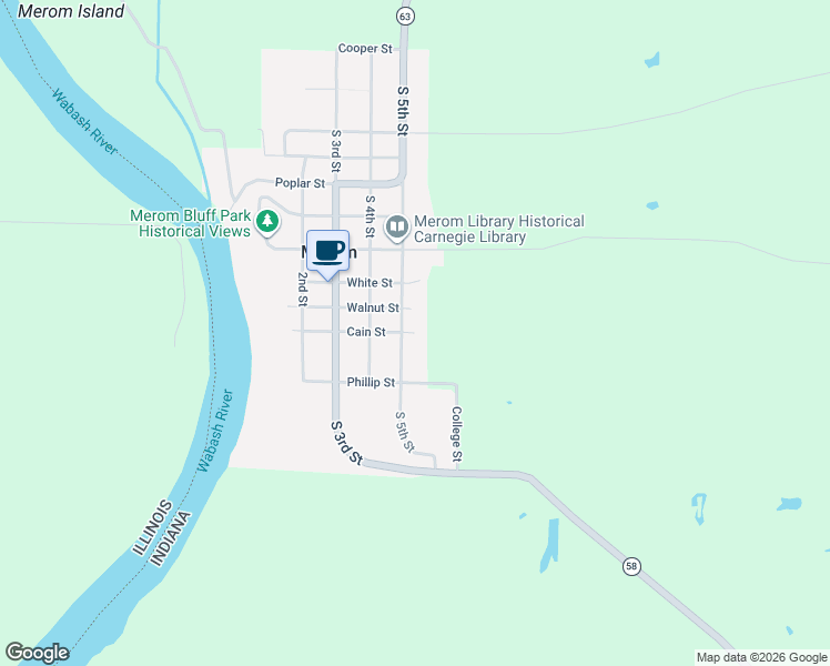map of restaurants, bars, coffee shops, grocery stores, and more near 2201 Cain Street in Merom