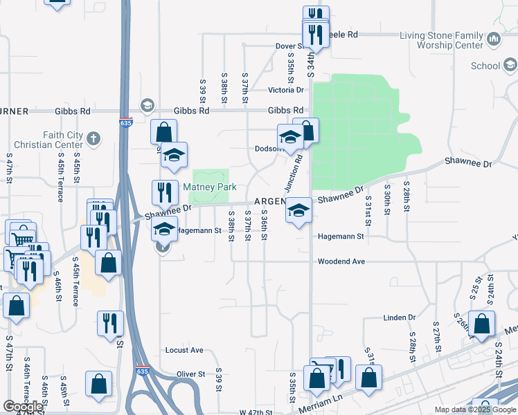 map of restaurants, bars, coffee shops, grocery stores, and more near 3609 Shawnee Drive in Kansas City