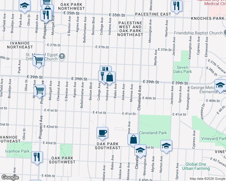 map of restaurants, bars, coffee shops, grocery stores, and more near 3928 Bales Ave in Kansas City