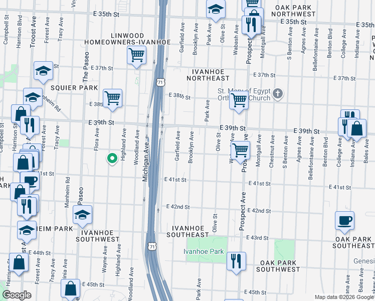 map of restaurants, bars, coffee shops, grocery stores, and more near 3944 Brooklyn Avenue in Kansas City