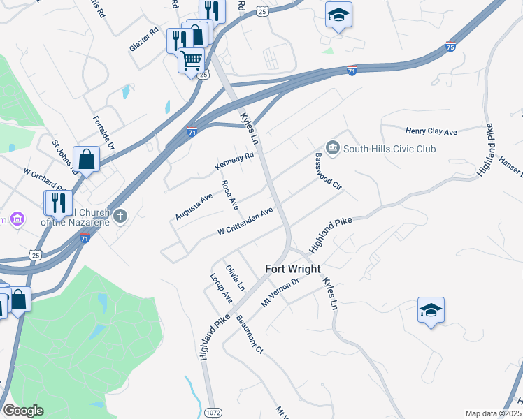 map of restaurants, bars, coffee shops, grocery stores, and more near 7 West Crittenden Avenue in Covington