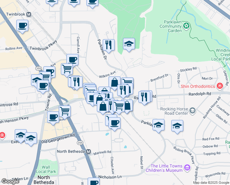 map of restaurants, bars, coffee shops, grocery stores, and more near 5465 Randolph Road in Rockville