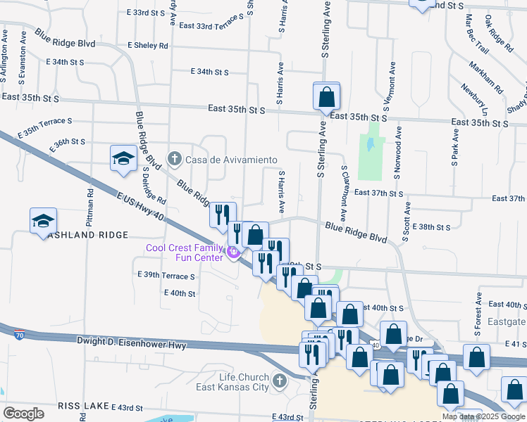 map of restaurants, bars, coffee shops, grocery stores, and more near 10811 Witthar Street in Independence
