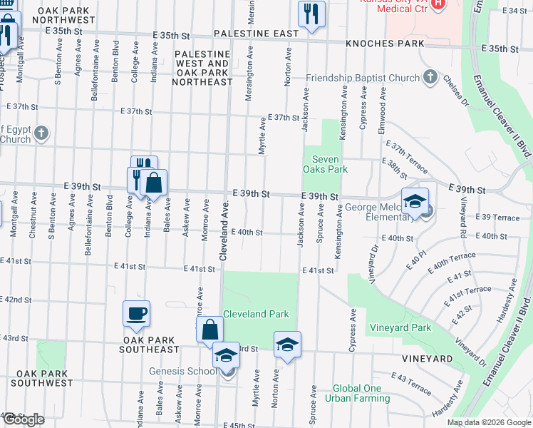 map of restaurants, bars, coffee shops, grocery stores, and more near 3925 Myrtle Avenue in Kansas City