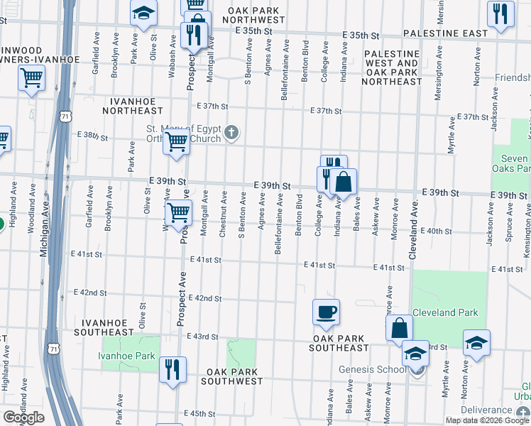 map of restaurants, bars, coffee shops, grocery stores, and more near 3936 Agnes Avenue in Kansas City