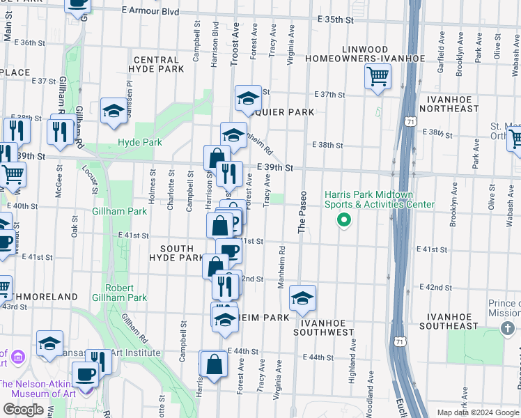 map of restaurants, bars, coffee shops, grocery stores, and more near 4005 Forest Avenue in Kansas City