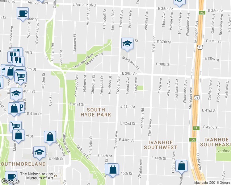 map of restaurants, bars, coffee shops, grocery stores, and more near 4001 Troost Avenue in Kansas City