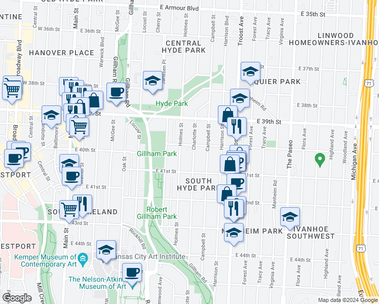 map of restaurants, bars, coffee shops, grocery stores, and more near 4013 Holmes Street in Kansas City