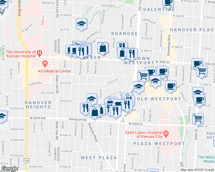 map of restaurants, bars, coffee shops, grocery stores, and more near 4101 Holly Street in Kansas City