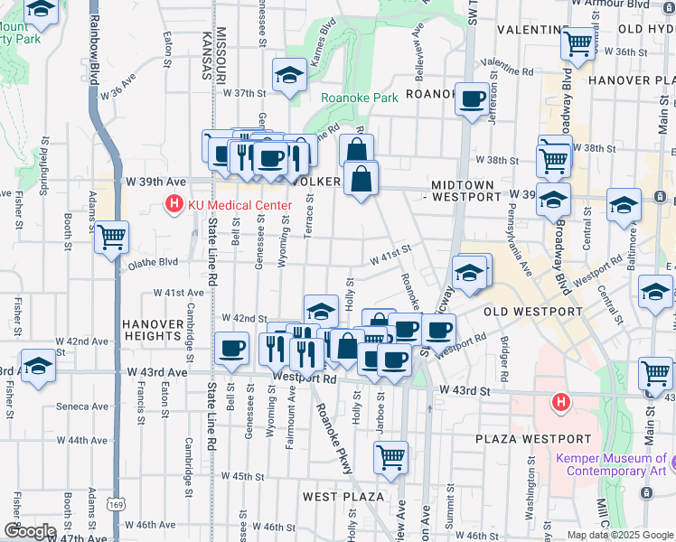 map of restaurants, bars, coffee shops, grocery stores, and more near 1303 West 41st Street in Kansas City