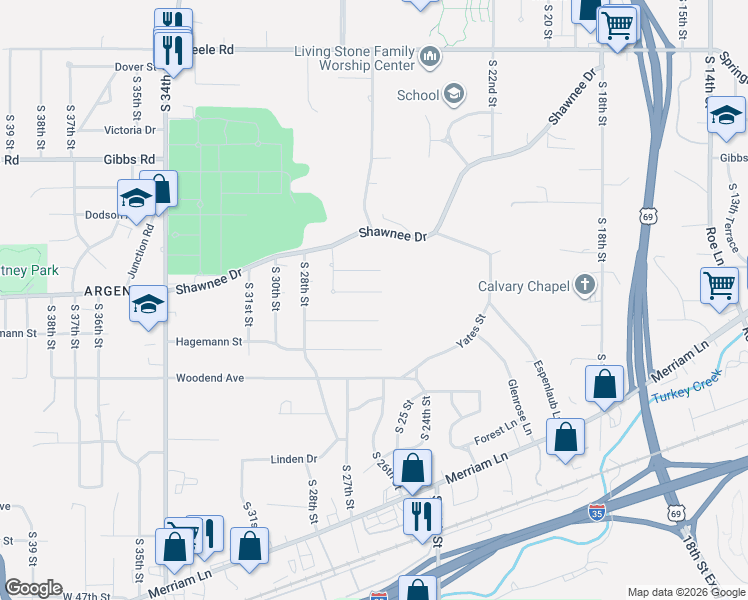 map of restaurants, bars, coffee shops, grocery stores, and more near 2605 Oak Grove Road in Kansas City