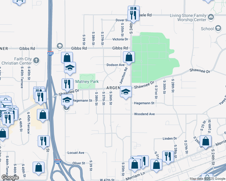 map of restaurants, bars, coffee shops, grocery stores, and more near 3609 Shawnee Drive in Kansas City