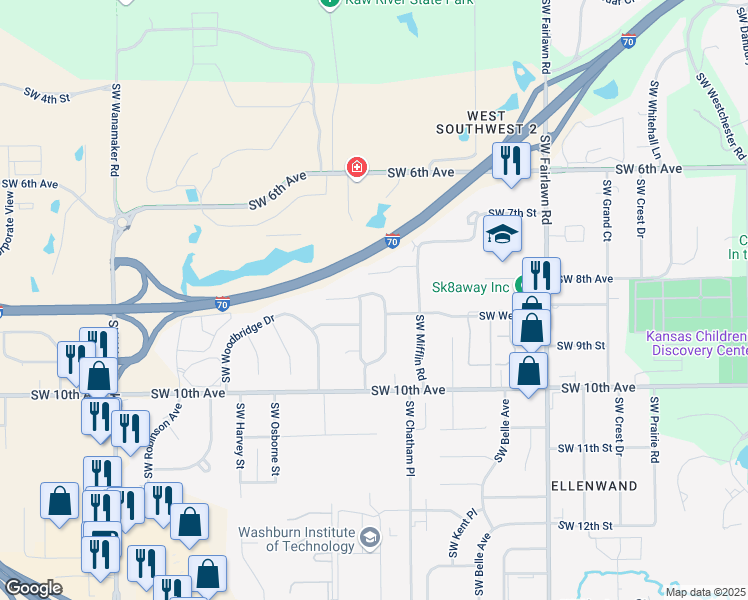 map of restaurants, bars, coffee shops, grocery stores, and more near 5555 SW West Dr in Topeka