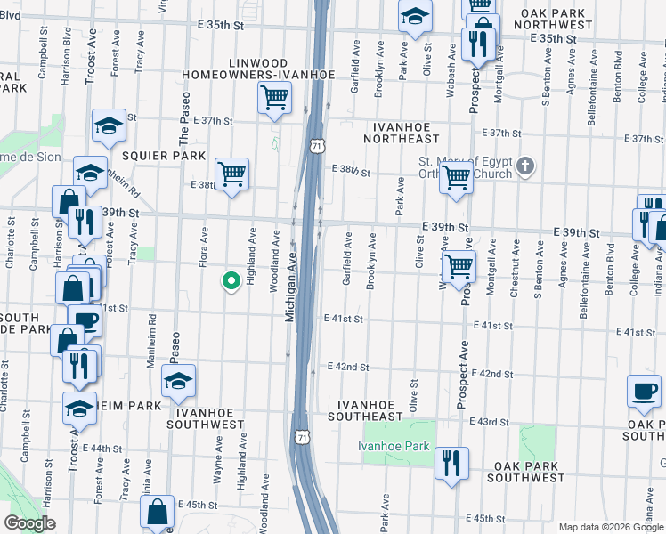 map of restaurants, bars, coffee shops, grocery stores, and more near 2006 East 40th Street in Kansas City