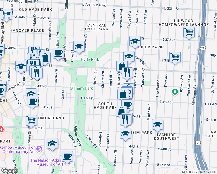 map of restaurants, bars, coffee shops, grocery stores, and more near 4008 Campbell Street in Kansas City
