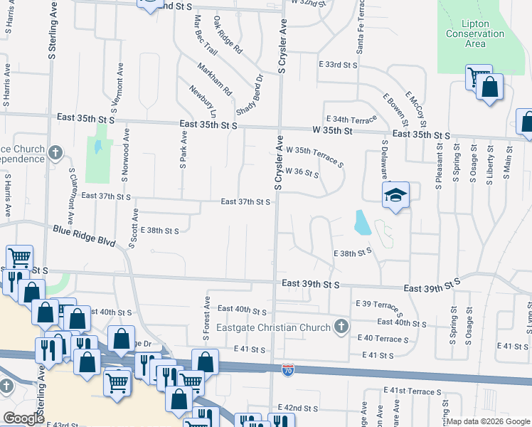 map of restaurants, bars, coffee shops, grocery stores, and more near 3706 South Crysler Avenue in Independence