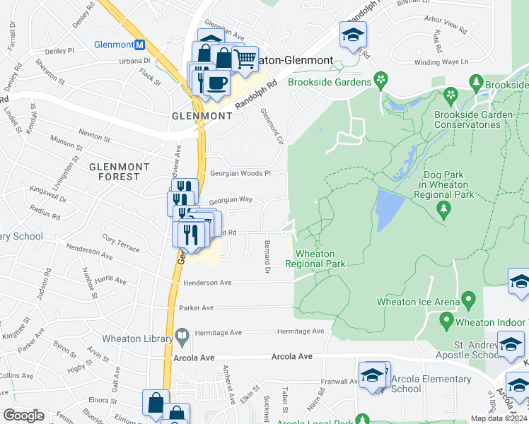 map of restaurants, bars, coffee shops, grocery stores, and more near 2009 Georgian Woods Place in Silver Spring