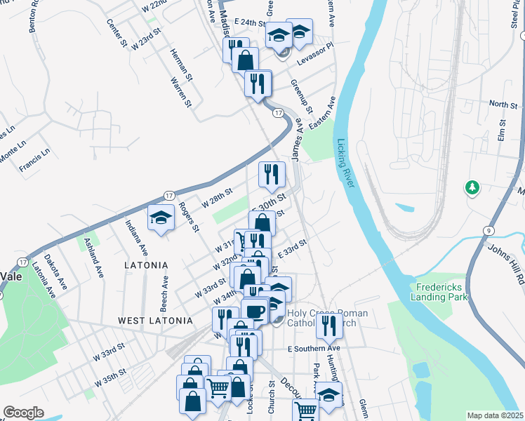 map of restaurants, bars, coffee shops, grocery stores, and more near 3001 Frazier St in Covington