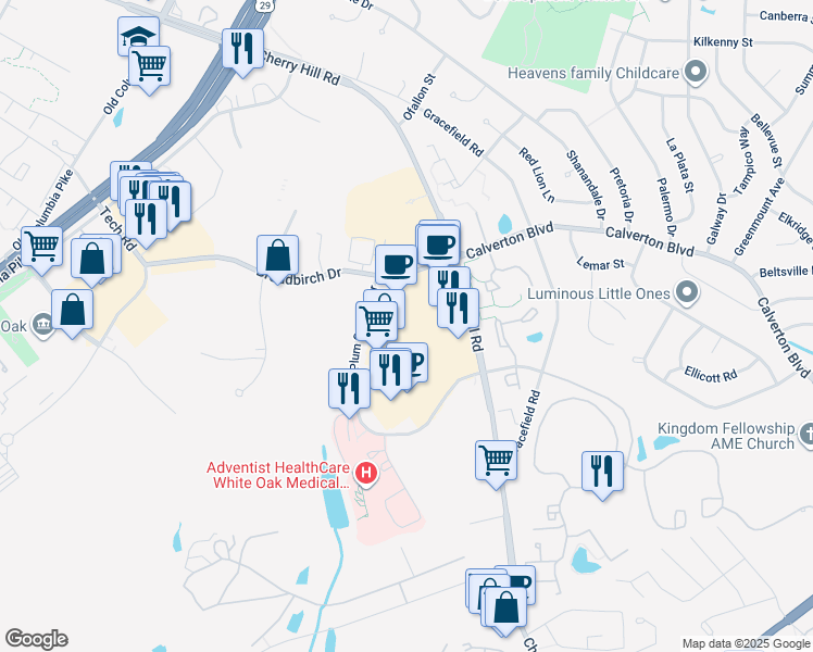 map of restaurants, bars, coffee shops, grocery stores, and more near 12024 Cherry Hill Road in Silver Spring