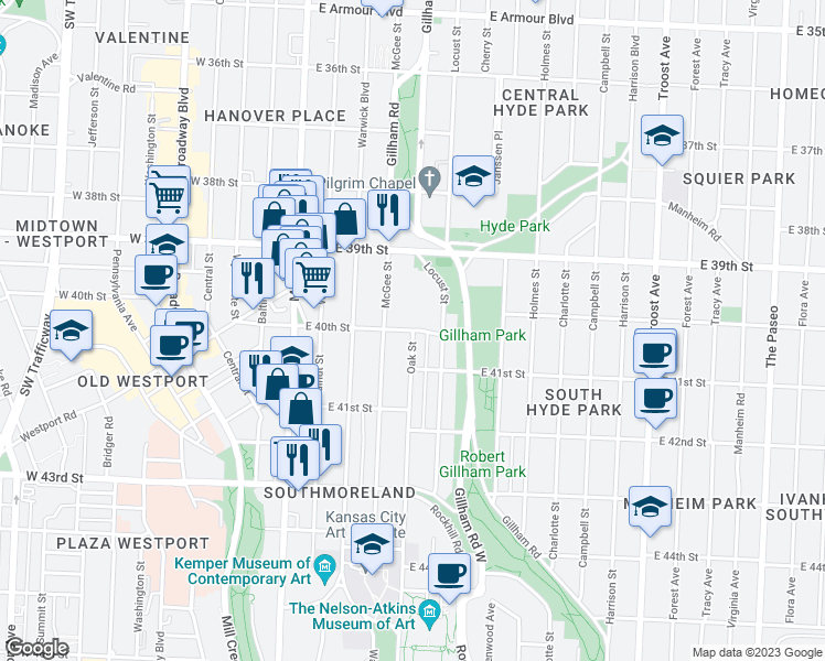 map of restaurants, bars, coffee shops, grocery stores, and more near Oak St & E 40th St in Kansas City