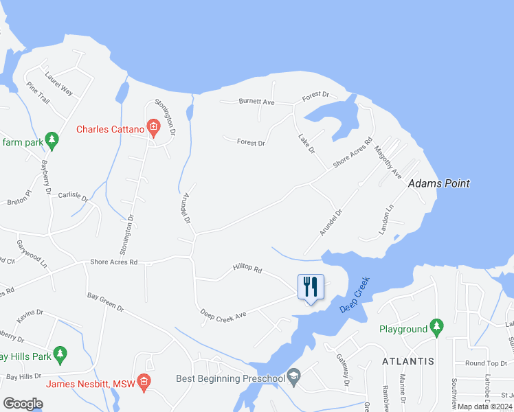 map of restaurants, bars, coffee shops, grocery stores, and more near 950 Shore Acres Road in Arnold