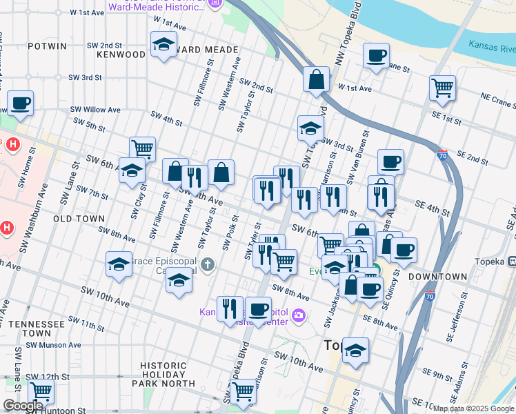 map of restaurants, bars, coffee shops, grocery stores, and more near 600 Southwest 6th Avenue in Topeka