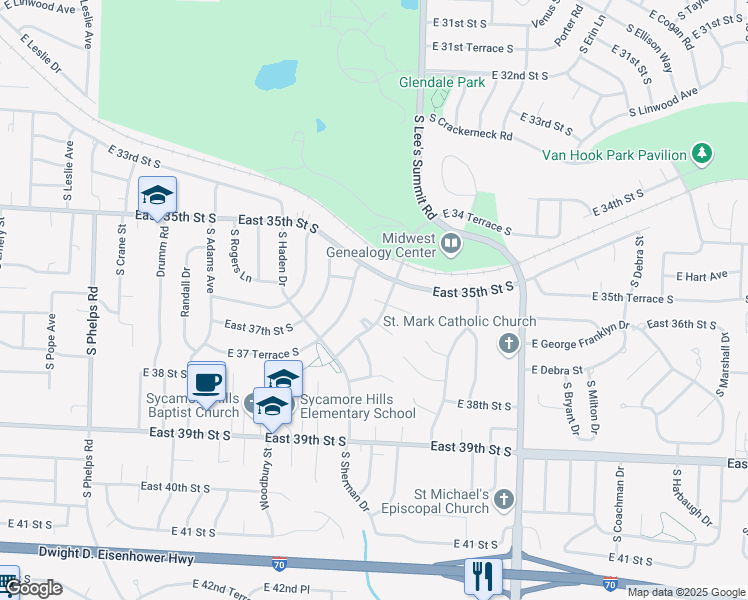 map of restaurants, bars, coffee shops, grocery stores, and more near 15801 East 36 Street South in Independence