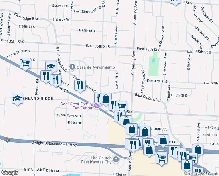 map of restaurants, bars, coffee shops, grocery stores, and more near 10811 Witthar Street in Independence