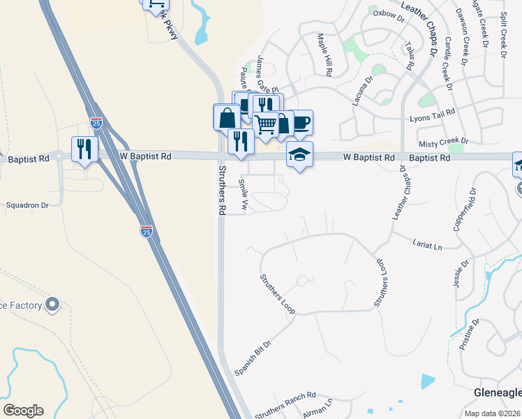 map of restaurants, bars, coffee shops, grocery stores, and more near 875 Baptist Road in Colorado Springs