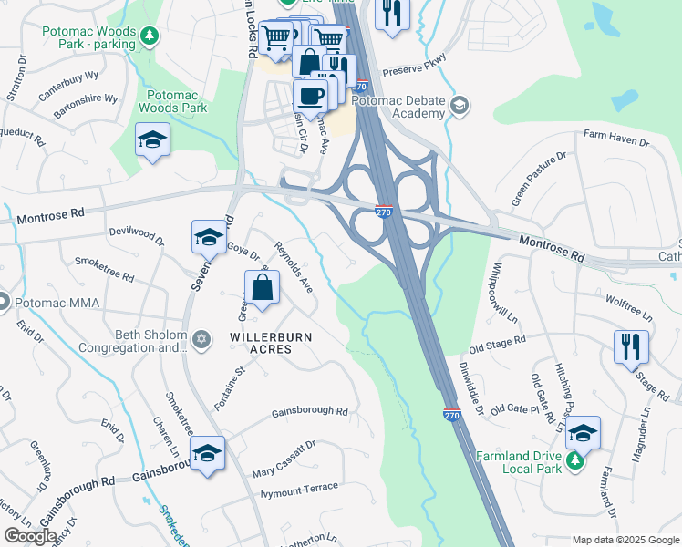 map of restaurants, bars, coffee shops, grocery stores, and more near 12281 Greenleaf Avenue in Rockville