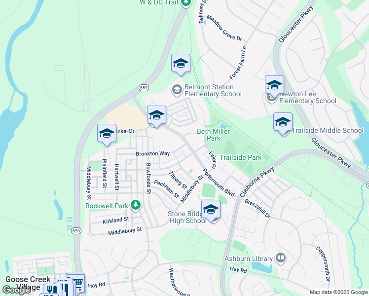 map of restaurants, bars, coffee shops, grocery stores, and more near 20319 Portsmouth Boulevard in Ashburn