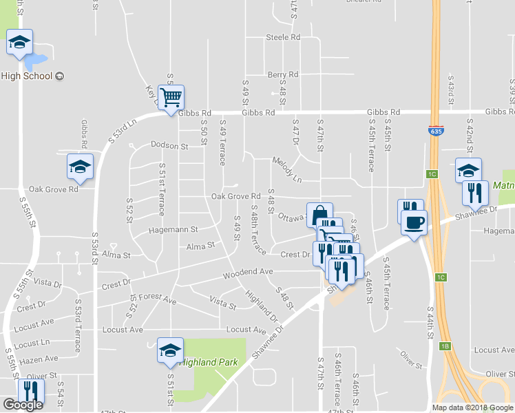 map of restaurants, bars, coffee shops, grocery stores, and more near 2619 South 48th Terrace in Kansas City