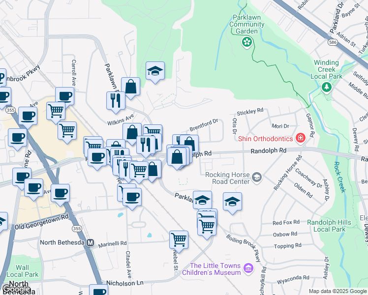 map of restaurants, bars, coffee shops, grocery stores, and more near 12102 Lauderdale Drive in Rockville