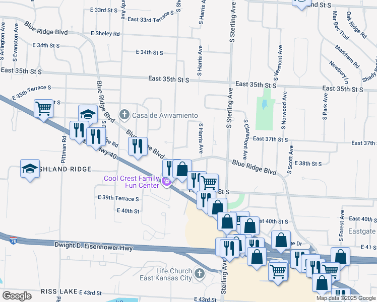 map of restaurants, bars, coffee shops, grocery stores, and more near 10811 Witthar Street in Independence