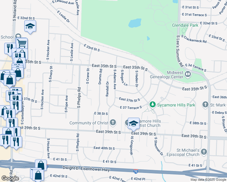 map of restaurants, bars, coffee shops, grocery stores, and more near 3606 South Adams Avenue in Independence