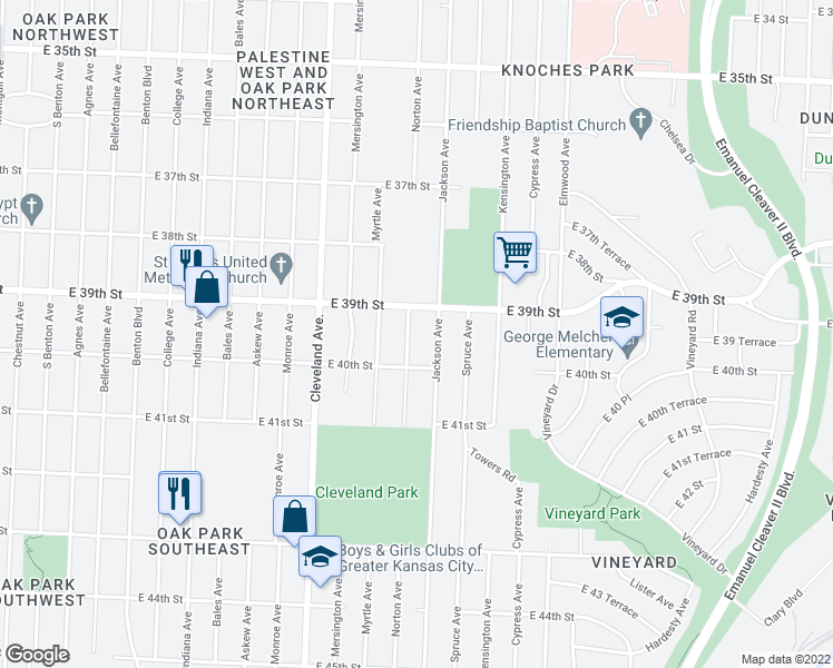 map of restaurants, bars, coffee shops, grocery stores, and more near 3919 Norton Ave in Kansas City