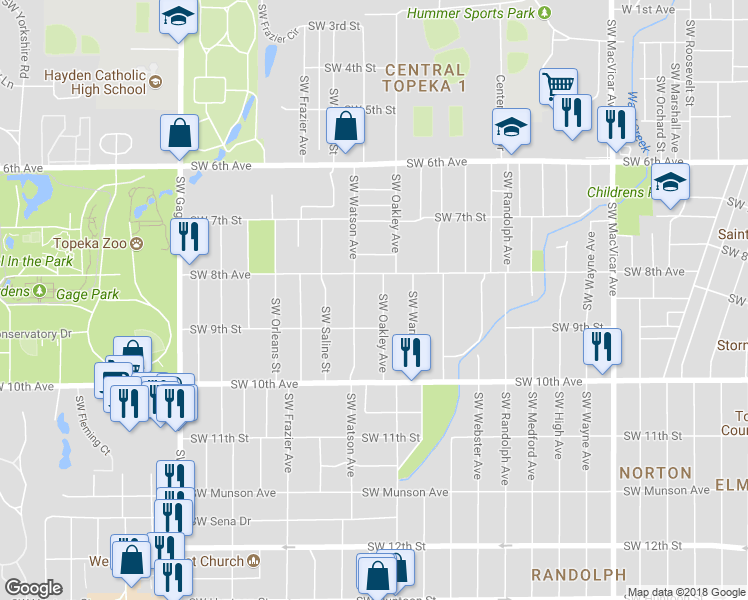 map of restaurants, bars, coffee shops, grocery stores, and more near 821 Southwest Oakley Avenue in Topeka
