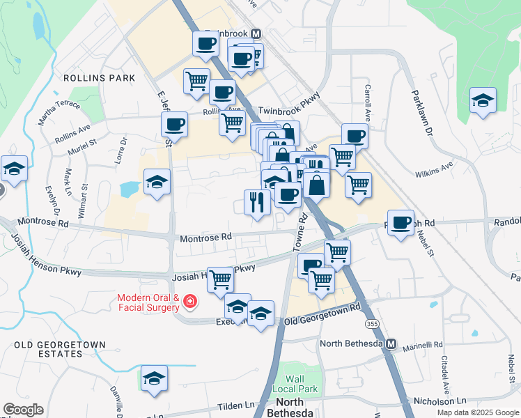 map of restaurants, bars, coffee shops, grocery stores, and more near 12042 Chase Crossing Circle in Rockville