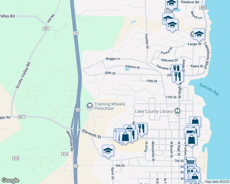map of restaurants, bars, coffee shops, grocery stores, and more near 1010 Page Drive in Lakeport